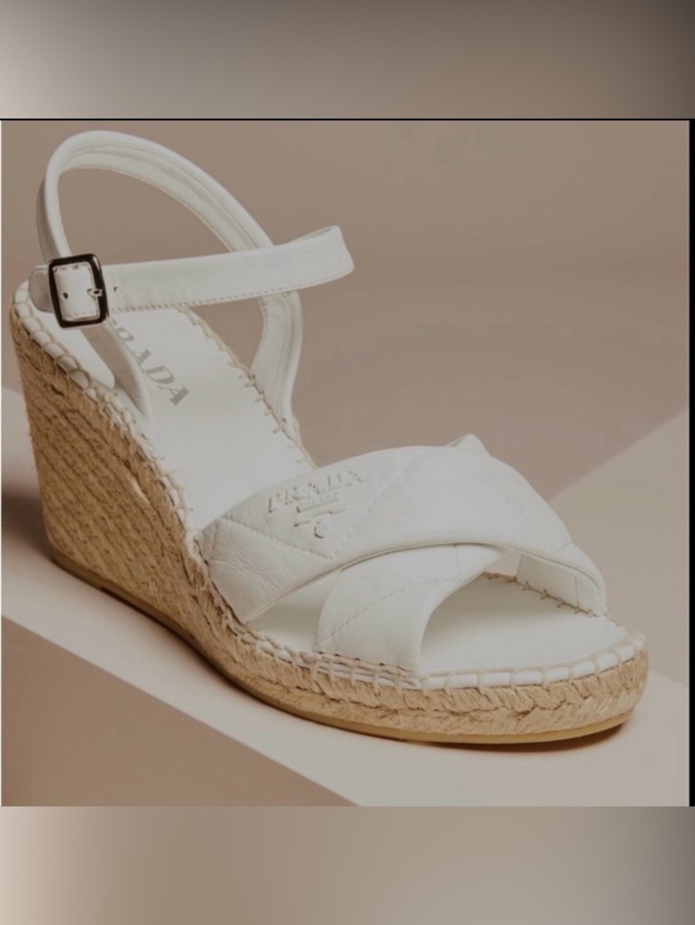 Prada White Quilted criss cross strap Leather Wedge Espadrilles with Ankle Strap